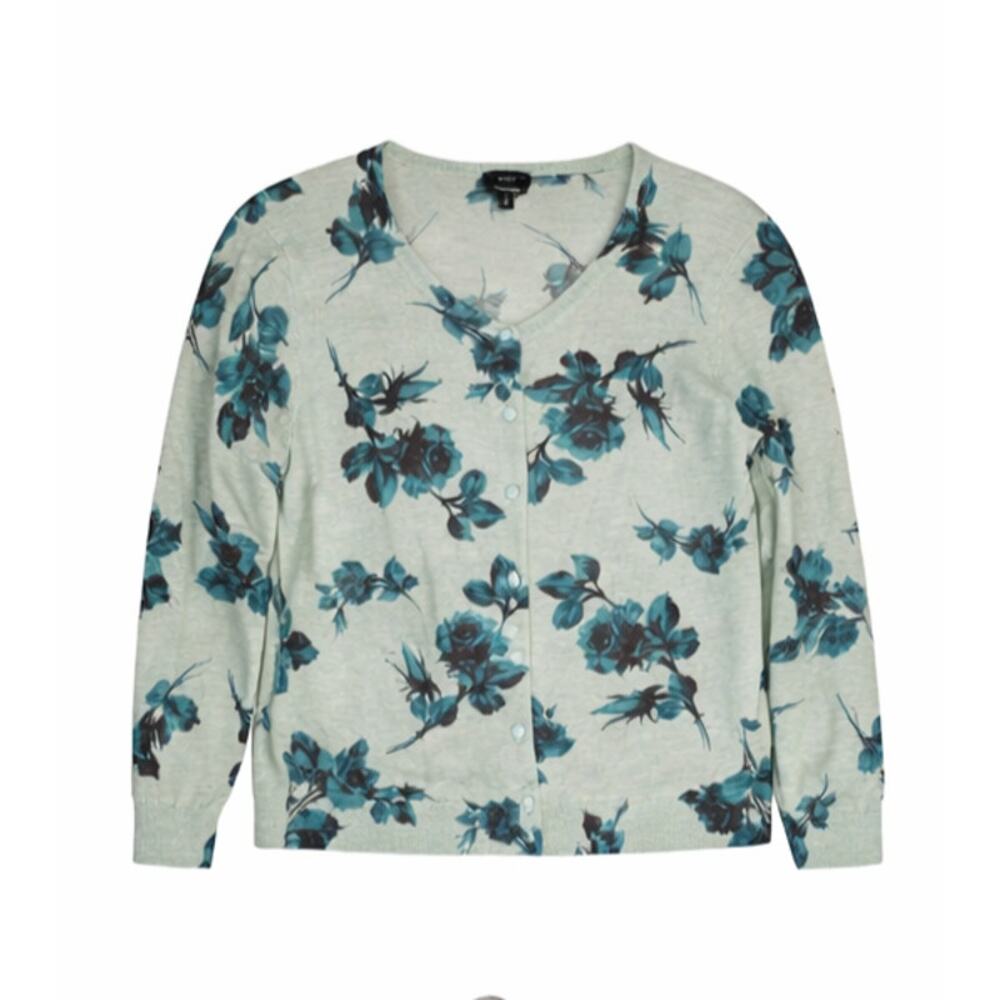 Talbots XL Merino Wool Cardigan Blue Floral Sweater Cottagecore Lightweight